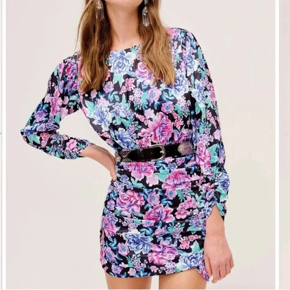For love & lemons floral ruched satin mini dress
